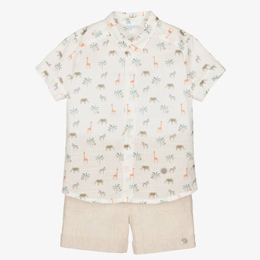 Artesanía Granlei-Белая рубашка и бежевые шорты из хлопка и льна | Childrensalon Outlet