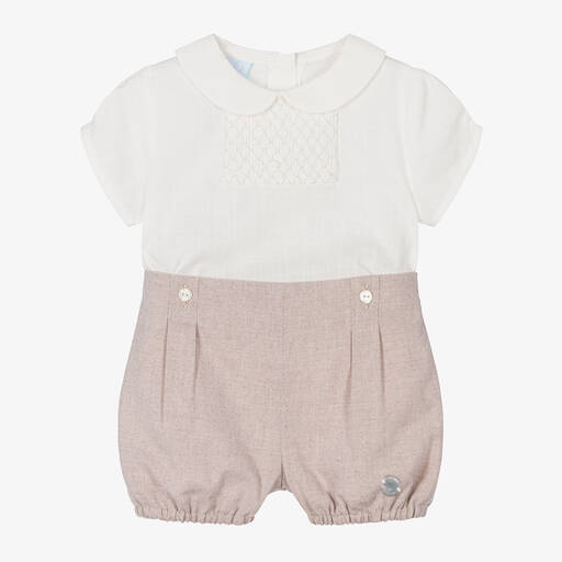 Artesanía Granlei-Boys Beige & White Cotton Buster Suit | Childrensalon Outlet