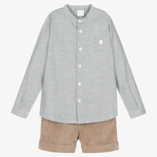 Artesanía Granlei-Boys Checked Shirts & Beige Shorts Set | Childrensalon Outlet