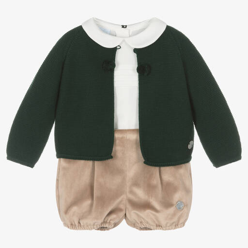 Artesanía Granlei-Boys Green & Beige Velvet Shorts Set | Childrensalon Outlet