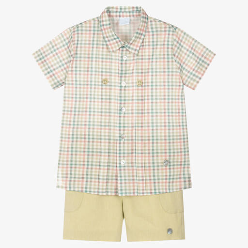 Artesanía Granlei-Boys Green Checked Cotton Shorts Set | Childrensalon Outlet
