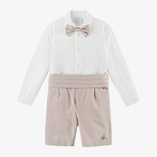 Artesanía Granlei-Boys Ivory & Beige Cotton Shorts Set | Childrensalon Outlet