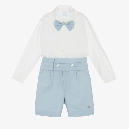 Artesanía Granlei-Boys Ivory & Blue Linen Short Set | Childrensalon Outlet