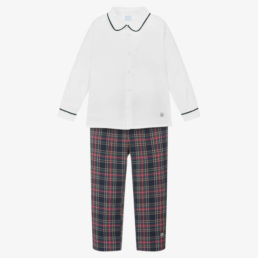 Artesanía Granlei-Boys Ivory & Blue Tartan Trousers Set | Childrensalon Outlet