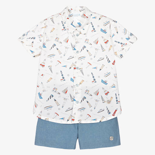 Artesanía Granlei-Boys Ivory Shirt & Blue Short Set | Childrensalon Outlet