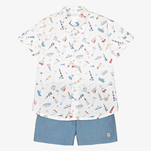 Artesanía Granlei-Hemd & Shorts Set in Elfenbein/Blau | Childrensalon Outlet