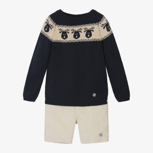 Artesanía Granlei-Boys Navy and Cream Reindeer Set | Childrensalon Outlet
