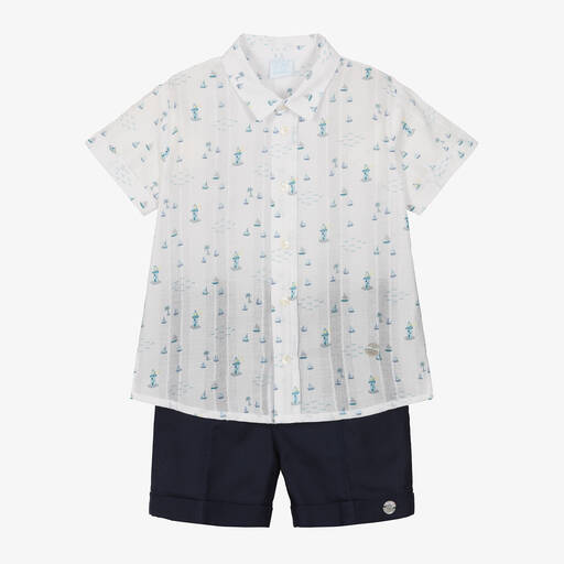 Artesanía Granlei-Boys White & Blue Cotton Shorts Set | Childrensalon Outlet
