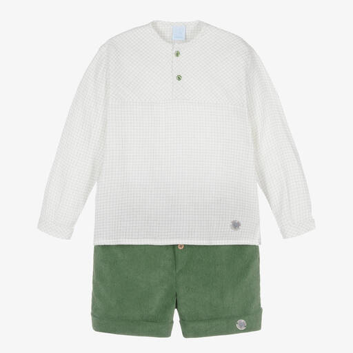 Artesanía Granlei-Boys White & Green Corduroy Shorts Set | Childrensalon Outlet