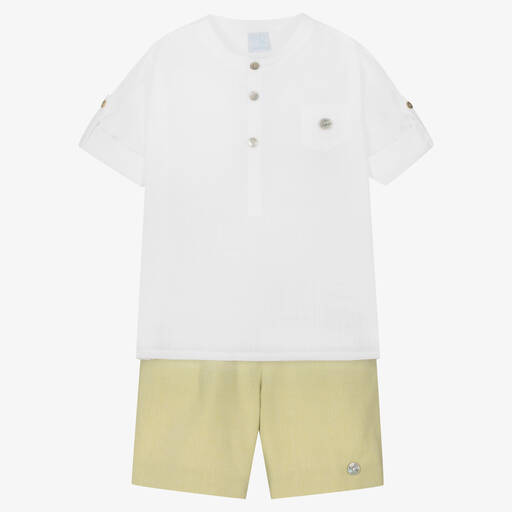 Artesanía Granlei-Boys White & Green Cotton Shorts Set | Childrensalon Outlet