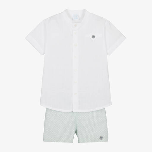 Artesanía Granlei-Boys White Shirt & Green Shorts Set | Childrensalon Outlet