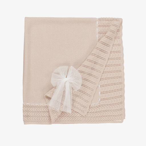 Artesanía Granlei-Girls Beige Bow Knitted Blanket (106cm) | Childrensalon Outlet