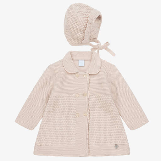 Artesanía Granlei-Girls Beige Knitted Coat & Bonnet Set | Childrensalon Outlet