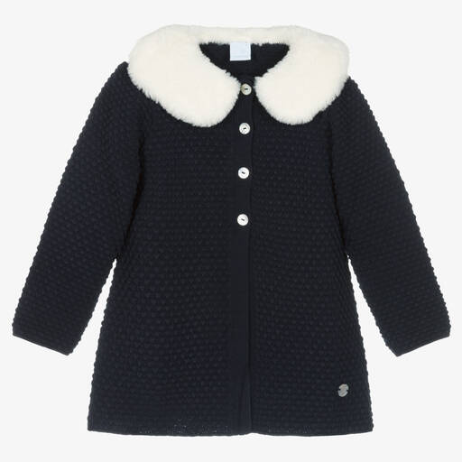 Artesanía Granlei-Girls Blue Knitted Faux Fur Collar Coat | Childrensalon Outlet