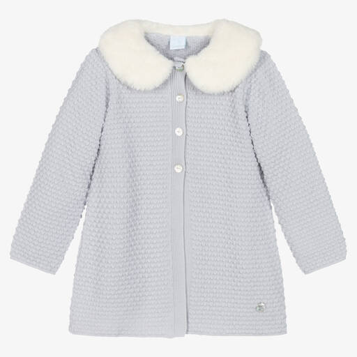 Artesanía Granlei-Girls Grey Knitted Faux Fur Collar Coat | Childrensalon Outlet