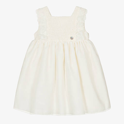 Artesanía Granlei-Girls Ivory Ruched Dress  | Childrensalon Outlet