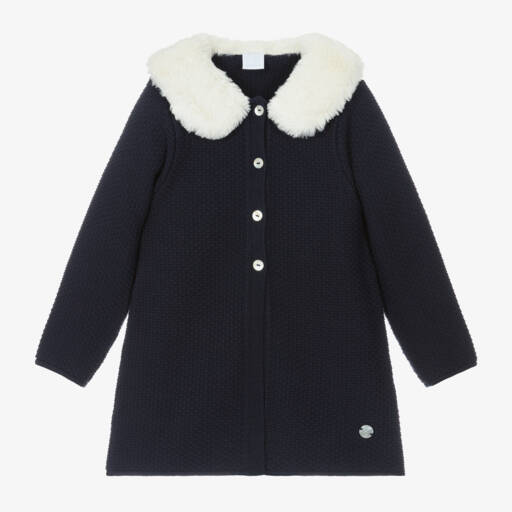 Artesanía Granlei-Girls Navy Knit Coat with Fur | Childrensalon Outlet