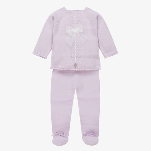Artesanía Granlei-Girls Purple Bow Knitted 2 Piece Babygrow | Childrensalon Outlet