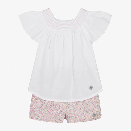 Artesanía Granlei-Girls White & Floral Cotton Shorts Set | Childrensalon Outlet