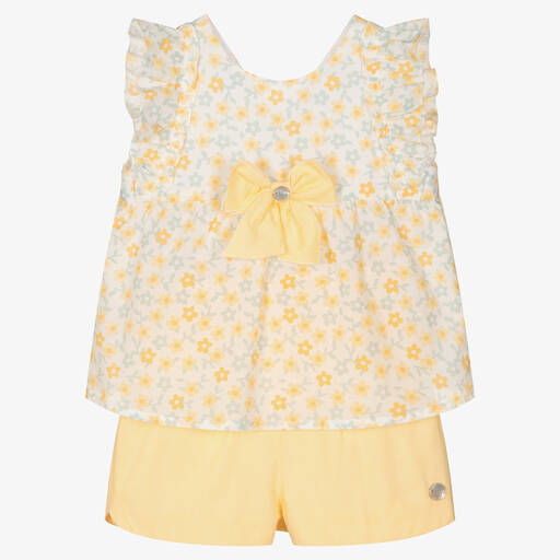 Artesanía Granlei-Girls Yellow Floral Cotton Shorts Set  | Childrensalon Outlet