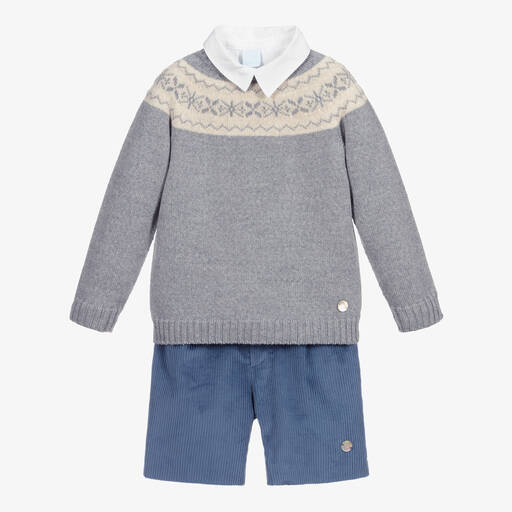 Artesanía Granlei-Grey Knit & Blue Shorts Set | Childrensalon Outlet