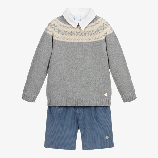 Artesanía Granlei-Grey Knit & Blue Shorts Set | Childrensalon Outlet