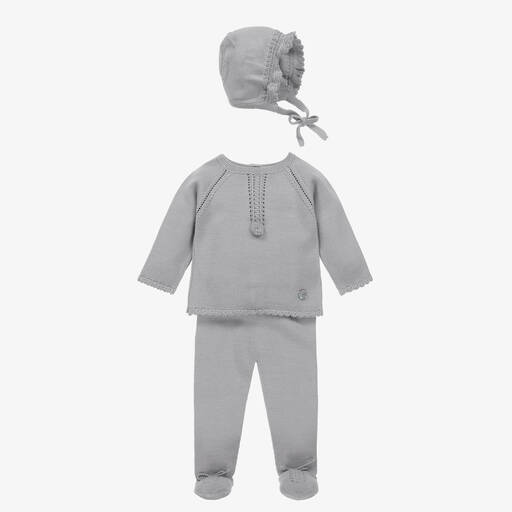 Artesanía Granlei-Grey Knitted Babysuit & Hat Set | Childrensalon Outlet