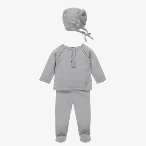 Artesanía Granlei-Graues Strickstrampler & Mützen Set | Childrensalon Outlet