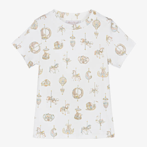 Atelier Choux Paris-White Carousel Print Cotton T-Shirt | Childrensalon Outlet