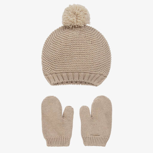 Babidu-Beige Cotton Knit Hat & Mittens Set | Childrensalon Outlet