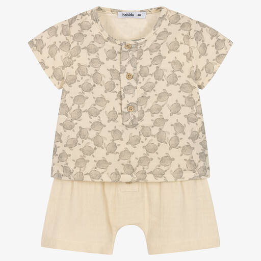 Babidu-Beige Turtle Cotton Shorts Set | Childrensalon Outlet
