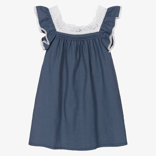 Babidu-Blaues Baumwoll-Leinen-Kleid  | Childrensalon Outlet