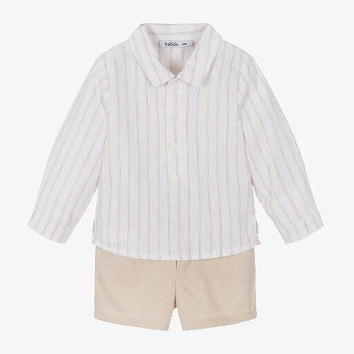 Babidu-Boys Beige Striped Cotton Shorts Set | Childrensalon Outlet