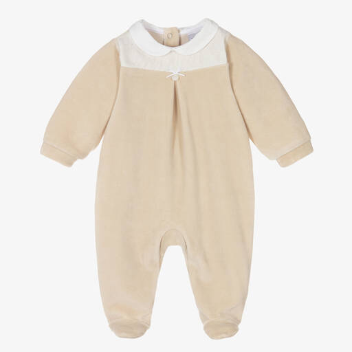 Babidu-Boys Beige Velour Babygrow | Childrensalon Outlet