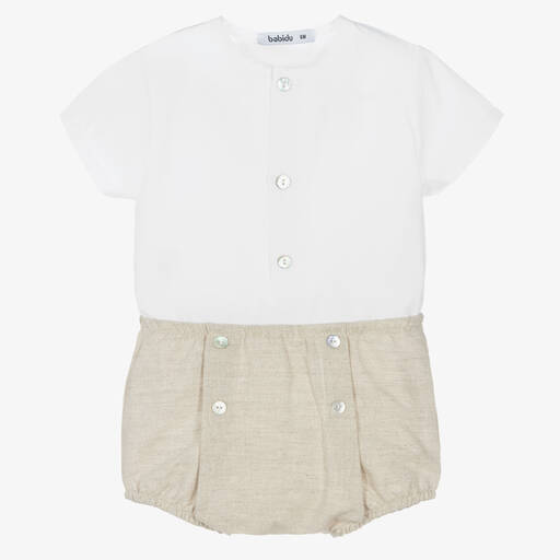 Babidu-Boys Beige & White Cotton Shorts Set | Childrensalon Outlet