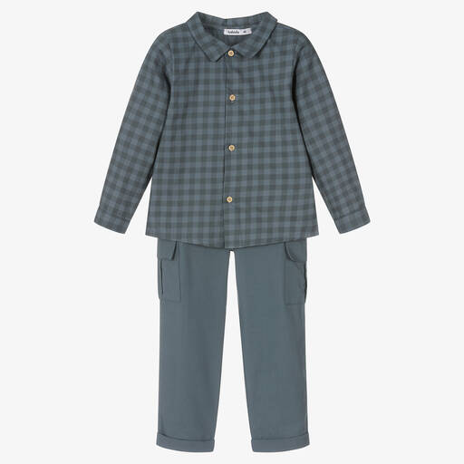 Babidu-Boys Blue Checked Cotton Trouser Set | Childrensalon Outlet