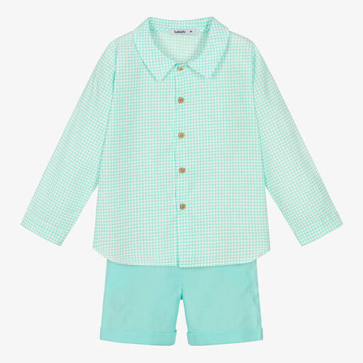 Babidu-Boys Blue Gingham Cotton Shorts Set | Childrensalon Outlet