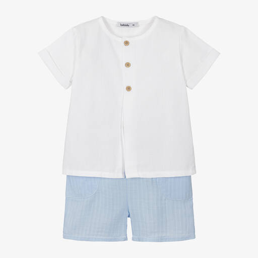 Babidu-Boys Blue & White Cotton Shorts Set | Childrensalon Outlet