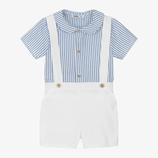 Babidu-Boys Blue & White Stripe Cotton Dungaree Set | Childrensalon Outlet