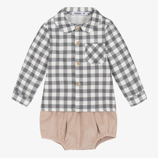 Babidu-Boys Grey & Beige Check Shorts Set | Childrensalon Outlet