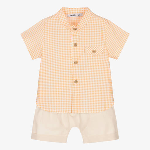 Babidu-Boys Orange & Beige Cotton Short Set | Childrensalon Outlet