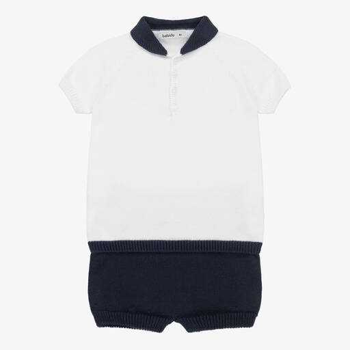 Babidu-Boys White & Navy Blue Knitted Shorts Set | Childrensalon Outlet