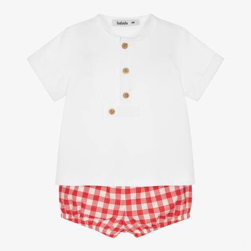 Babidu-Boys White & Red Gingham Shorts Set | Childrensalon Outlet