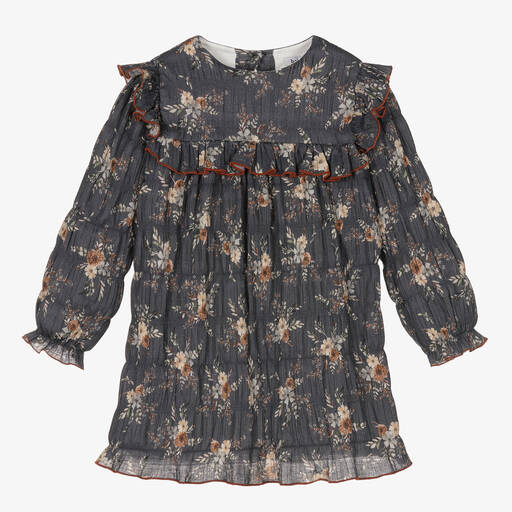 Babidu-Girls Grey Cotton Floral Dress | Childrensalon Outlet