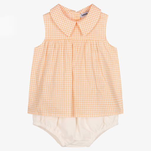 Babidu-Girls Orange Gingham Cotton Shorts Set | Childrensalon Outlet