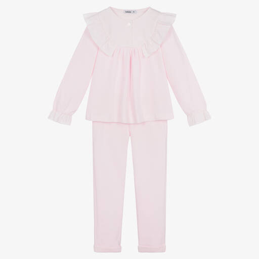 Babidu-Girls Pink Frill Cotton Trouser Set  | Childrensalon Outlet