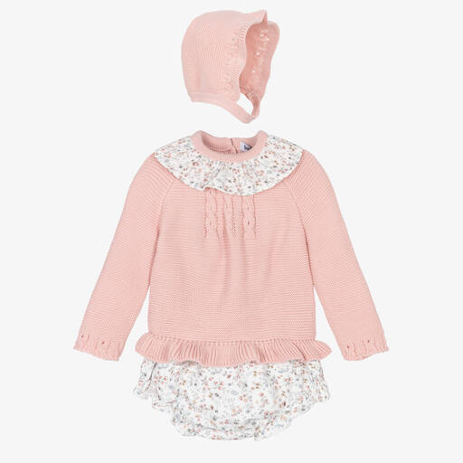 Babidu-Girls Pink Knit Floral Shorts Set | Childrensalon Outlet