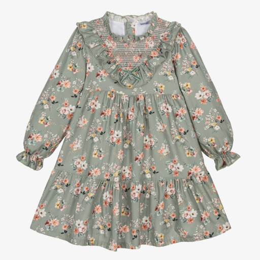 Babidu-Girls Sage Floral Twill Dress | Childrensalon Outlet