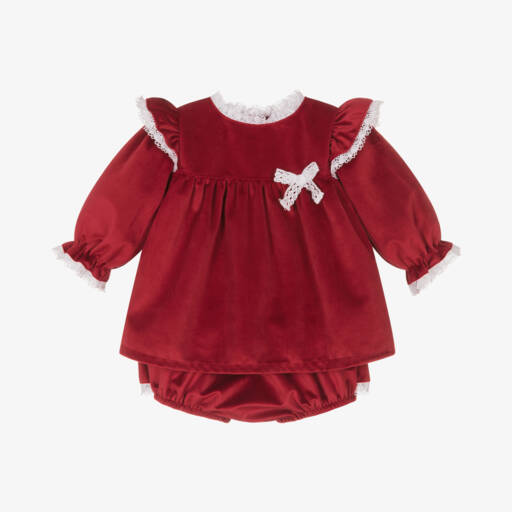 Babidu-فستان أطفال بناتي قطن مخمل لون أحمر | Childrensalon Outlet