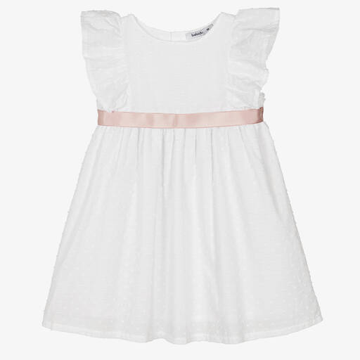 Babidu-Girls White Cotton Plumeti Dress | Childrensalon Outlet